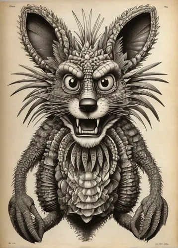 anthropomorphized animals,critter,barong,splinter,cheshire,totem animal,aye-aye,raccoon,krampus,north american raccoon,iridigorgia,mouse lemur,prickle,werewolf,line art animals,animal head,heraldic animal,book illustration,supernatural creature,creature,Illustration,Retro,Retro 24