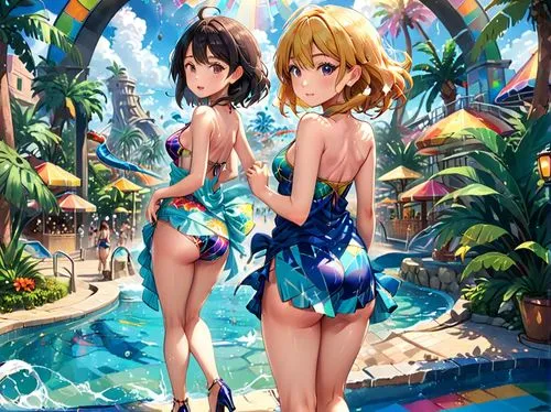 summer background,swimsuits,beach background,umbrella beach,kawaii people swimming,beach goers,Anime,Anime,Traditional