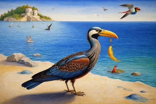 Imagine a story where a coastal bird with vibrant feathers befriends a lonely fisherman, bringing joy and companionship to his life.,bird painting,coastal bird,sea birds,sea bird,seabirds,seabird,bird