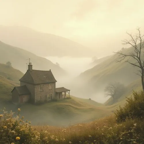 lonely house,house in mountains,little house,house in the mountains,home landscape,foggy landscape,cottage,witch's house,small house,rolling hills,fantasy landscape,house with lake,mountain hut,house in the forest,ancient house,the hills,dreamhouse,hillside,summer cottage,shire,Photography,General,Realistic