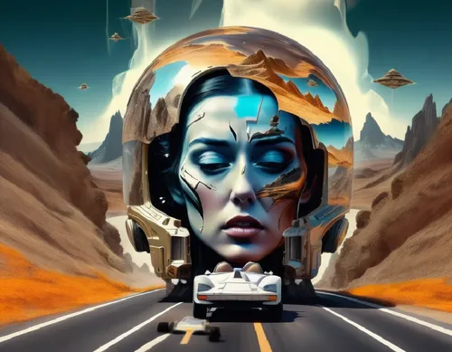 car racing on a highway, eyes of the woman following the car,dali,sand road,ladytron,futureworld,el salvador dali,cydonia,cerati,drive,stardrive,chedid,transuranic,sci fiction illustration,woman in th