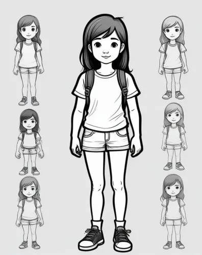 Create a simplified version of the drawing with thick, uneven lines, basic shapes, slightly incorrect proportions, primary or pastel colors, minimal shading, and a naive, childlike style.,a girl stand