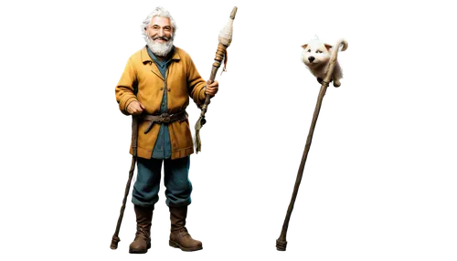 Shepherd, cartoon style, smiling face, bright eyes, white hair, beard, rustic clothes, worn boots, holding shepherd's staff, standing, gentle pose, warm lighting, soft focus, whimsical atmosphere, col