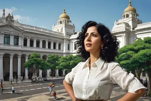 Mature lady, architecture designer, Connaught Place, London, standing, hands behind back, black hair, curly, elegant makeup, white blouse, long skirt, high heels, holding a blueprint, looking up at a 