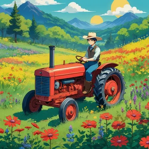 tractor,farm tractor,farmer,farmall,agricultural machine,farmaner,Illustration,Japanese style,Japanese Style 03