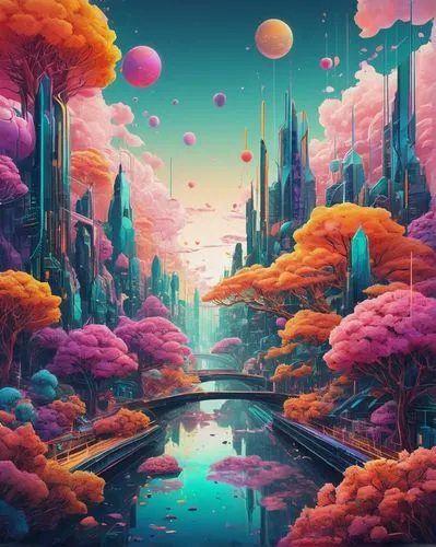 futuristic landscape,fantasy city,fantasy landscape,3d fantasy,dream world,colorful city,fantasy world,vapor,alien world,fairy world,alien planet,virtual landscape,utopian,world digital painting,mushroom landscape,cityscape,wonderland,lagoon,cosmos,acid lake,Photography,Artistic Photography,Artistic Photography 05