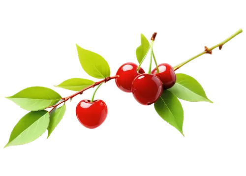 Cherry contour, bright red, glossy surface, delicate stem, green leaves, tender petals, detailed veins, soft natural light, shallow depth of field, warm color tone, 3/4 composition, macro photography 