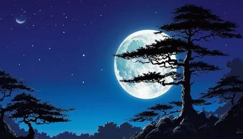 moon and star background,moonlit night,hanging moon,blue moon,moon night,moon at night,lunar landscape,moonlit,moon,the moon,jupiter moon,moon and star,moons,landscape background,big moon,night scene,moon phase,earth rise,lunar,moonscape,Illustration,Japanese style,Japanese Style 05