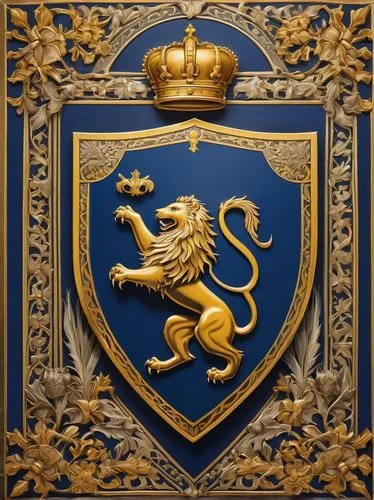 Noble family crest, medieval style, intricate details, gold and blue colors, lion and eagle supporters, majestic crown on top, ornate shield with fleur-de-lis pattern, ribbon wrapped around the helmet