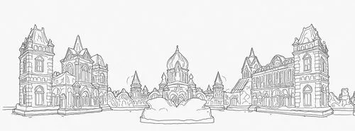 an illustration of a group of temples in india,steeples,neogothic,cathedrals,spires,haunted cathedral,buttresses,buttressed,finials,cathedral,gothic church,line drawing,sketchup,buttressing,ecclesiam,