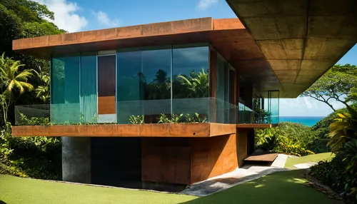 modern tropical case study house architecture, Puerto Rico, tropical architecture case study house, meditation architecture of brazilian architect Marcio Kogan, modern, realistic, corten steel, concre