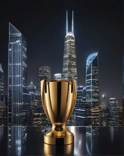 Modern architecture awards, golden trophy, sleek glass stage, minimalist background, spotlights shining down, prestigious ceremony, evening event, formal attire, suits and ties, elegant dresses, heels