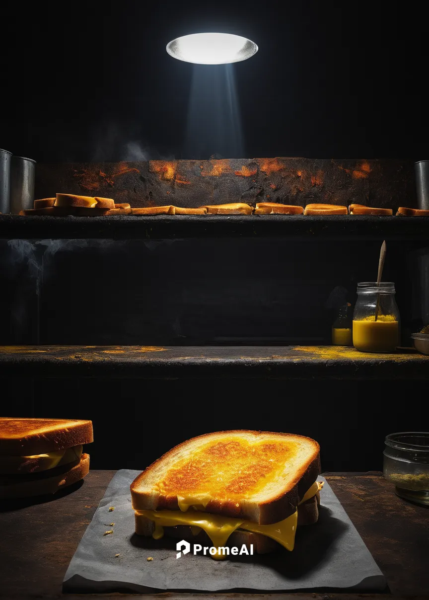 In a post-apocalyptic world, describe a secret underground GCDC Grilled Cheese Bar.,grilled cheese,grilled bread,mystic light food photography,kraft,saganaki,american cheese,digital compositing,cookin