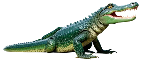 Side view, alligator, scaly skin, long snout, sharp teeth, powerful jaws, muscular body, short legs, webbed feet, swampy green color, rough texture, calm expression, subtle gradient lighting, 3/4 comp