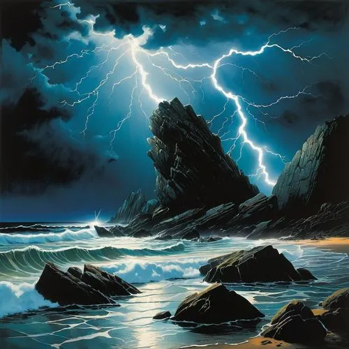 stormbringer,sea storm,lightning storm,lightnings,thunderstreaks,stormwatch,tormenta,stormier,rocky coast,hildebrandt,wyland,superstorm,coastal landscape,lightning bolt,storm,stormy sea,storms,lightning,fallstrom,borgstrom,Illustration,Realistic Fantasy,Realistic Fantasy 29