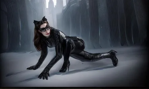 The iconic figure of Anne  Hathaway comes to life as a sophisticated cat woman in a black leather custom. She dons a striking black leather version of her hat and a fierce smile, her black leather coa