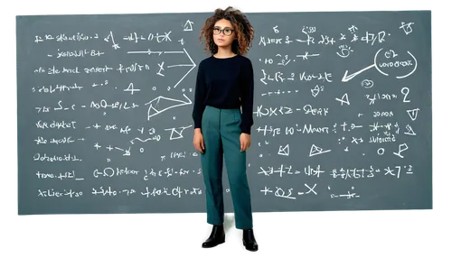 Chalkboard, complex math equations, colorful markers, scribbled notes, geometric shapes, 3D models, formulas, theorems, abstract concepts, futuristic laboratory, solo girl, young adult, messy hair, gl