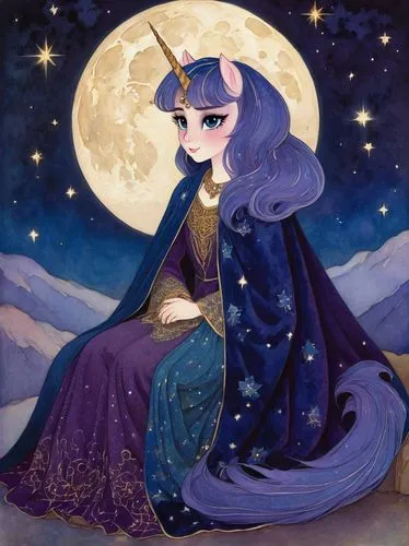 luna,constellation unicorn,queen of the night,purple moon,rem in arabian nights,star mother,unicorn art,la violetta,constellation lyre,zodiac sign libra,rarity,oriental princess,moonflower,lady of the night,moonlit night,violinist violinist of the moon,lunar,lunar eclipse,moon night,moon and star,Illustration,Retro,Retro 17