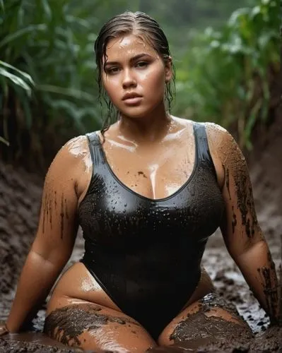 a girl with mud on her body sitting in the mud,mudbath,mud,wet,muddy,chubby,young woman