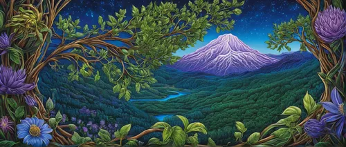 mountain scene,mountain world,pachamama,stratovolcano,mount saint helens,mountain landscape,mushroom landscape,the landscape of the mountains,mountainous landscape,volcanic landscape,purple landscape,mountain meadow,mountain spirit,annapurna,tapestry,mount taranaki,salt meadow landscape,fairy world,kamchatka,mount st helens,Illustration,Realistic Fantasy,Realistic Fantasy 41