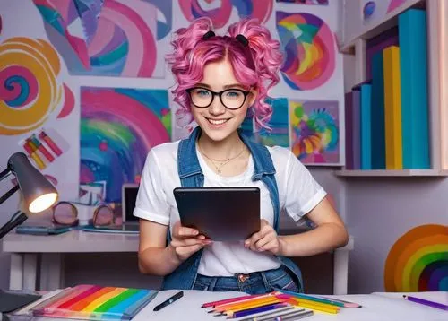 MLP OC, creator, pink hair, curly ponytail, blue eyes, glasses, sweet smile, casual wear, jeans, white shirt, sneakers, holding tablet, drawing tools, desk, colorful background, bright lighting, 3/4 c