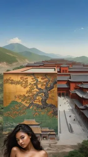 architectural plan for a building of (Song dynasty:1.2), red walls, silk decor, (Tadao Ando style: 1.3), inspired by Zha Shibiao, conceptual art, rammed earth courtyard, buddhist architecture, dune, c