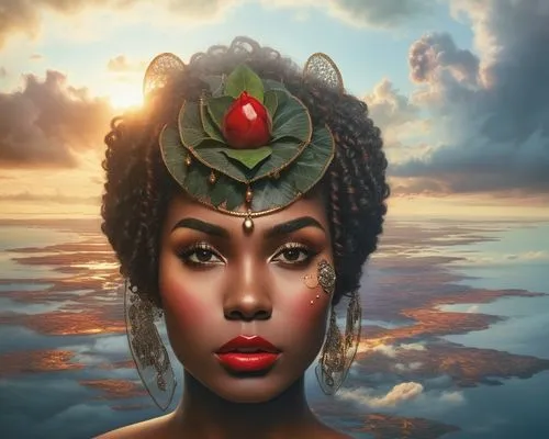  nude Beautiful nigerian girl, full dark curly hair, big dark almond eyes, full red lips, misty sky,a woman wearing a red flower and a green leaf in her hair,afrofuturism,niobe,afrocentrism,nubian,nef