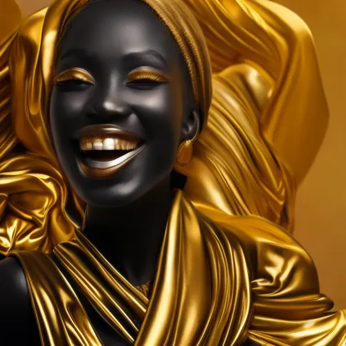 a woman saying i love you,a woman is smiling in gold and wearing a black face mask,oshun,gold paint stroke,gold leaf,african woman,gold paint strokes,gilded