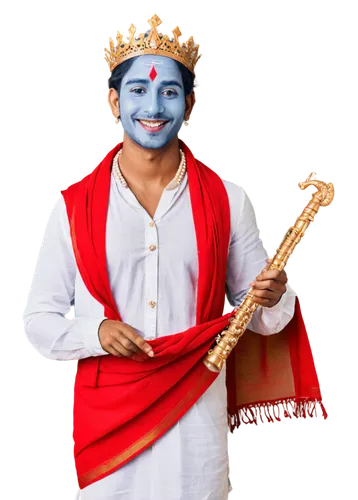 Krishna, Indian deity, blue skin, handsome face, detailed eyes, golden crown, pearl necklace, white dhoti, red shawl, holding flute, gentle smile, peaceful expression, soft focus, warm lighting, shall