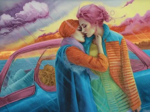 two women hug under a large umbrella as the sun sets over a car,ermione,honeymoon,affirmance,loving couple sunrise,jerrard,jasinski,Illustration,Realistic Fantasy,Realistic Fantasy 25