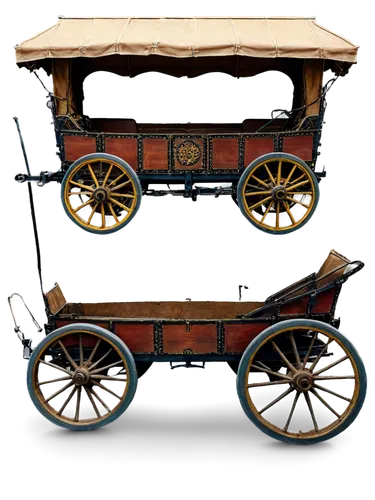 Old-fashioned wagon, wooden structure, rusty metal wheels, worn leather seats, ornate golden decorations, open top, horse-drawn, afternoon sunlight, warm color tone, soft focus, 3/4 composition, cinem