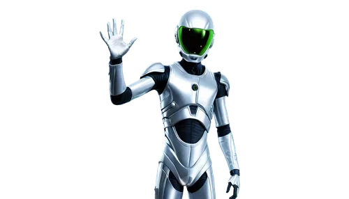 Alien, green skin, black eyes, slender body, long fingers, silver spacesuit, helmet with visor, oxygen tank on back, standing, confident pose, metallic background, neon lights, 3/4 composition, futuri