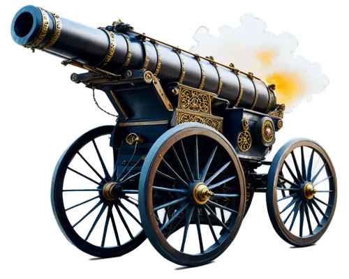 Cannon, fire sound, explosive blast, smoke burst, metallic sheen, intricate details, worn wooden carriage, golden trim, battle-worn, dynamic pose, low-angle shot, dramatic lighting, intense atmosphere