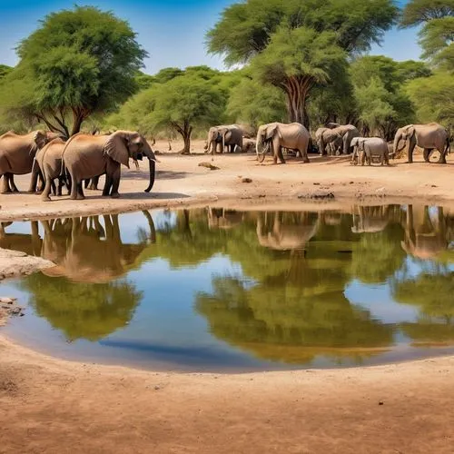 waterhole,watering hole,african elephants,elephant herd,african elephant,tsavo,waterholes,water hole,african bush elephant,etosha,elephants,luangwa,ruaha,elephant camp,okavango,samburu,karangwa,serengeti,savane,namibia,Photography,General,Realistic