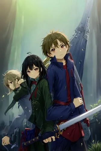 niño sosteniendo espada y niña sosteniendo pistola,three anime characters are holding swords in a forest,madlax,shinran,ciccolo,swordsmen,horrobin,gainax,Anime,Anime,Realistic