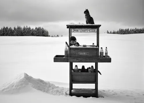 cold drink,corona winter,ice fishing,winter drink,unique bar,bartender,liquor bar,barmaid,barman,frozen drink,beer dispenser,waiting staff,isolated bottle,ice cream stand,snowcone,empty bottle,finnish lapland,snowy still-life,soda fountain,soda machine,Photography,Black and white photography,Black and White Photography 02