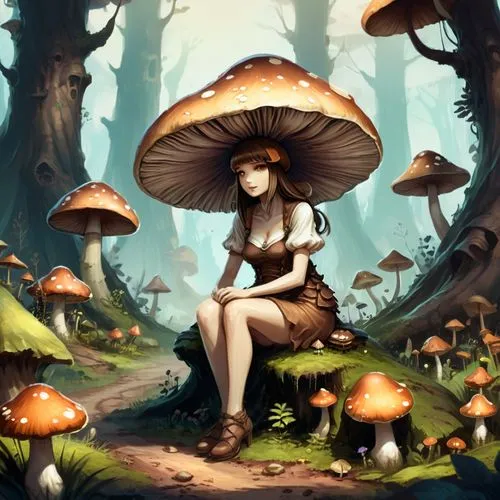 A Mushroom lady, brown, sitting on the ground,  fantasy setting,mushroom landscape,umbrella mushrooms,forest mushroom,agaric,forest mushrooms,toadstools,amanita,mushroom island,mushroom hat,club mushr