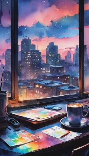 daybreak,watercolor cafe,windowsill,evening atmosphere,dawn,sunrise,winter morning,cityscape,windows,coffee background,window sill,bedroom window,watercolor tea,neon coffee,watercolor tea shop,dusk background,in the evening,early morning,watercolor background,romantic night,Illustration,Paper based,Paper Based 25