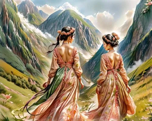 mountain scene,rhinemaidens,shepherdesses,priestesses,landscape background,fantasy picture,eurythmy,countesses,lilies of the valley,the spirit of the mountains,gondolin,maidens,matriarchs,hikers,hanfu,oriental painting,hanxiong,foundresses,gopis,mountain flowers