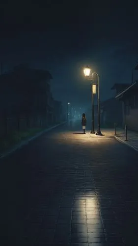 A tall streetlight looks lonely, a girl is standing under it,street lantern,streetlamps,lamplight,street lamps,crewdson,streetlight,street light,streetlights,street lamp,pathologic,nocturne,street lig