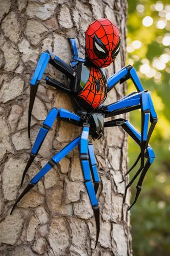 Craft a spidersona with a mischievous demeanor in a suburban setting with kids playing.,st andrews cross spider,tangle-web spider,webbing,edged hunting spider,arachnid,spider silk,widow spider,baboon 