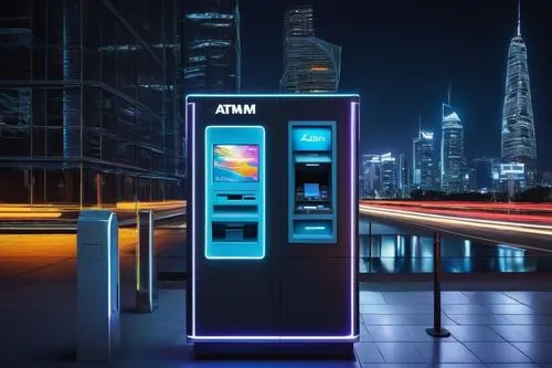 Modern ATM system, futuristic architecture, sleek metal exterior, LED lights, digital screen, card reader, keypad, dispenser, deposit slot, camera, sensor, Wi-Fi antenna, network cable, modular compon