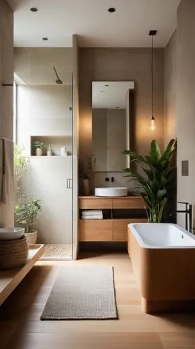 Generate a series of minimalist bathroom images featuring warm wood floors, combined with soft-toned walls, such as beige or gray. The design should have clean lines and plenty of natural light. Use l