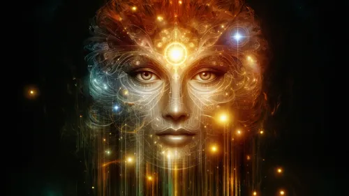 apophysis,priestess,sorceress,the enchantress,aura,mystical portrait of a girl,shamanic,astral traveler,star mother,callisto,inner light,divination,dryad,mysticism,inner space,golden crown,divine healing energy,shamanism,transcendence,gold foil mermaid