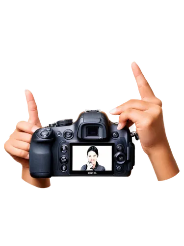 Digital camera, SLR, black body, silver lens, ergonomic grip, LCD screen, flash on top, neck strap, photographer's hand holding it, fingers wrapped around, thumb on dial, index finger on shutter, 3/4 