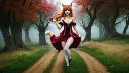 red riding hood,kitsune,fantasy picture,little red riding hood,faerie,the red fox