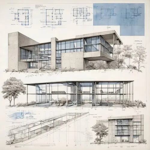 a drawing shows different angles and sections for a building,renderings,revit,sketchup,elevations,neutra,unbuilt,Unique,Design,Blueprint