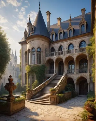 Stanton architecture, grandiose mansion, European style, stone walls, Gothic arches, stained glass windows, intricate carvings, ornate doors, marble floors, high ceilings, chandeliers, luxurious inter