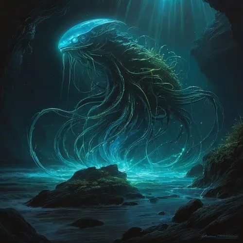 god of the sea,cuthulu,deep sea nautilus,water creature,bioluminescence,sea monsters,sea god,undersea,merfolk,kraken,deep sea,nautilus,maelstrom,abyss,underwater landscape,the bottom of the sea,exploration of the sea,poseidon,under sea,emerald sea,Conceptual Art,Fantasy,Fantasy 13