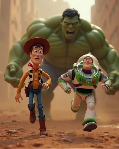 Cinematic video picture of Woody and Buzz run away in fear, Hulk in behind with rage mode, avengers endgame background, original disney characters, original pixar characters, original marvel character